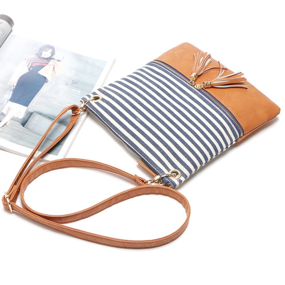 Navy Striped Cognac Faux Leather Crossbody Bag - Picture 8 of 12